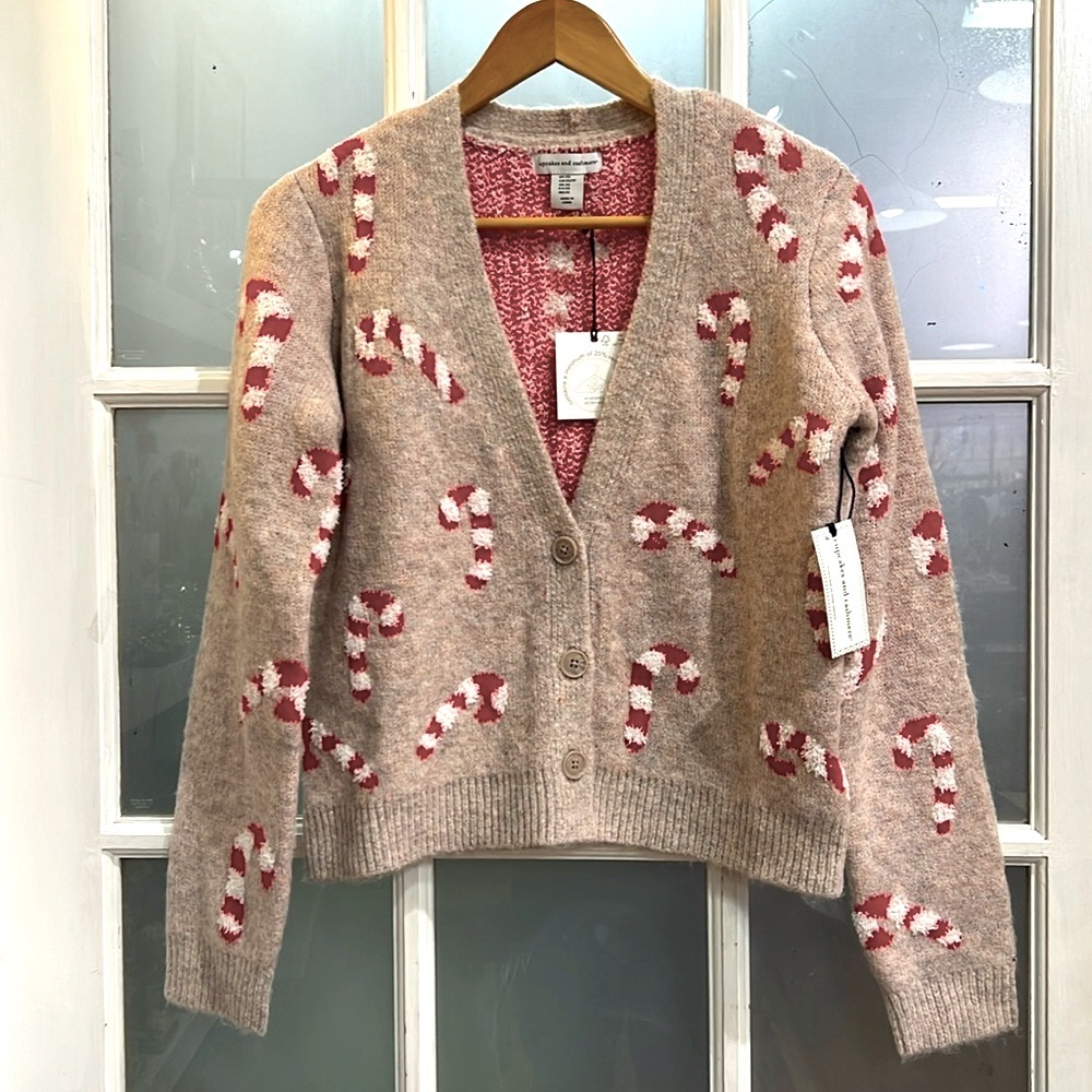 NWT  Cupcakes and Cashmere Sz S & L Candy Cane Button Up Sweater